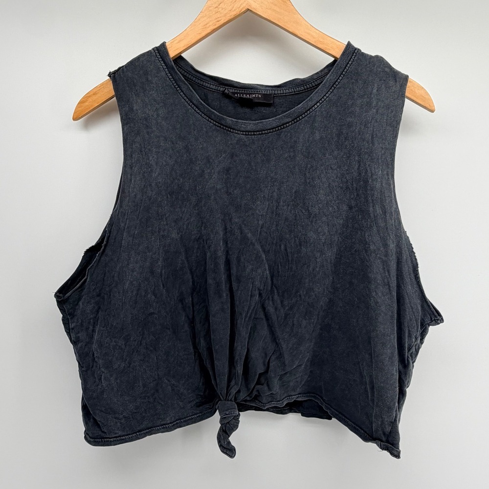 AllSaints Tank Top Womens Large Black Acid Wash Front Knot Sleeveless Crop Shirt